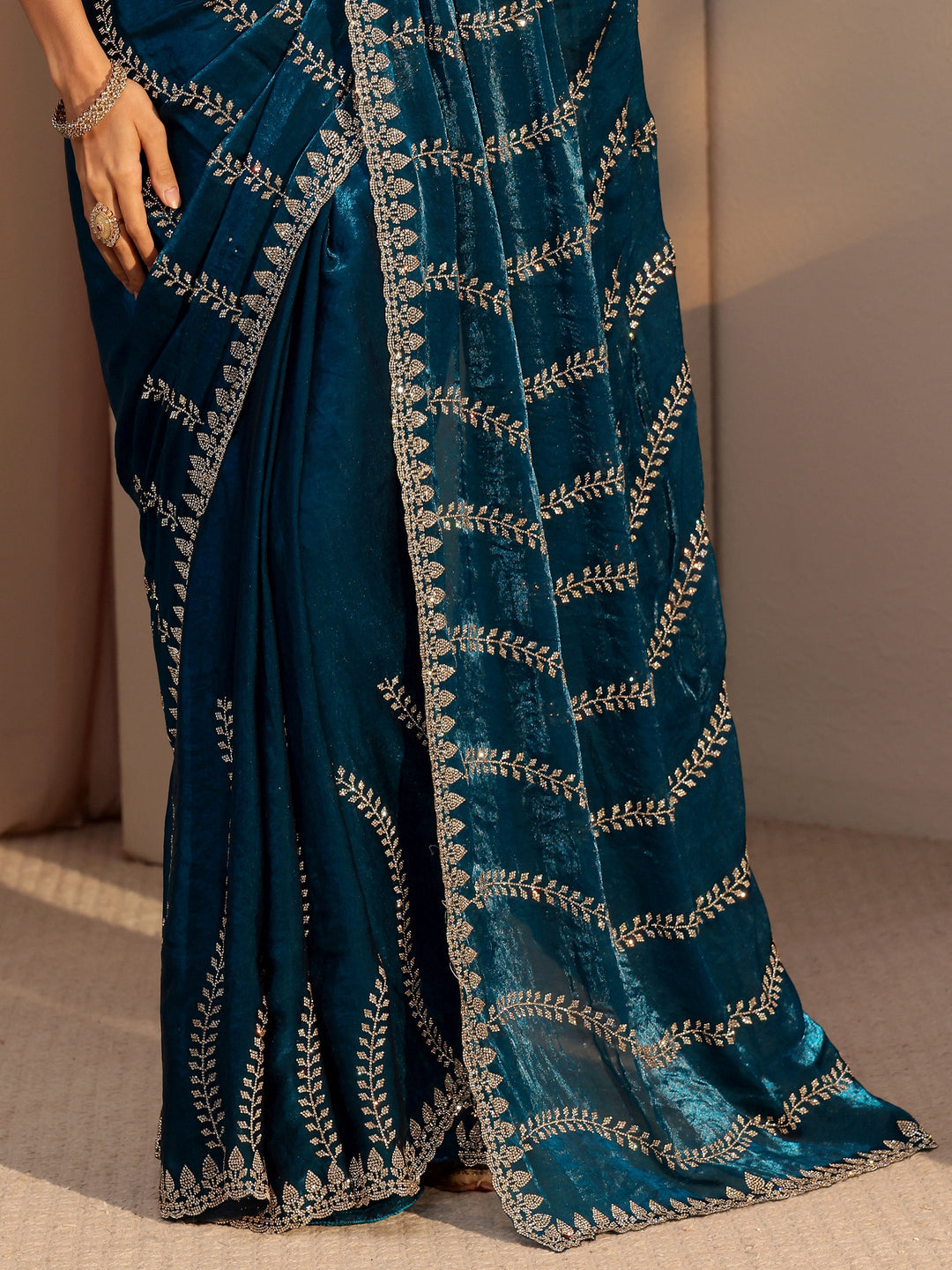  Peacock Blue Floral Embellished Tissue Saree 