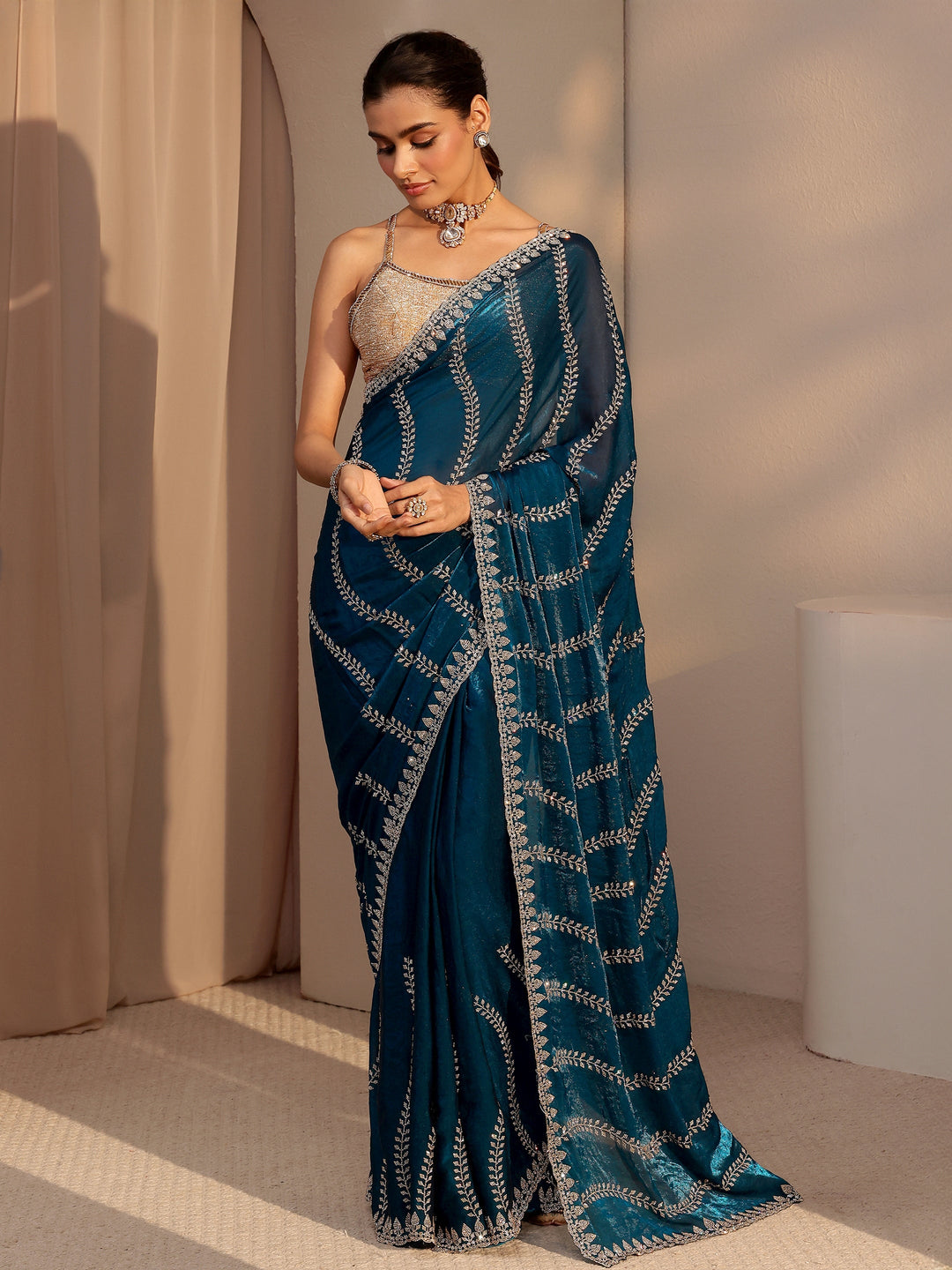  Peacock Blue Floral Embellished Tissue Saree 