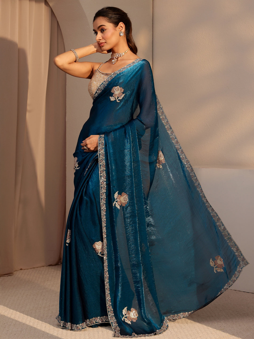  Peacock Blue Floral Embellished Tissue Saree 