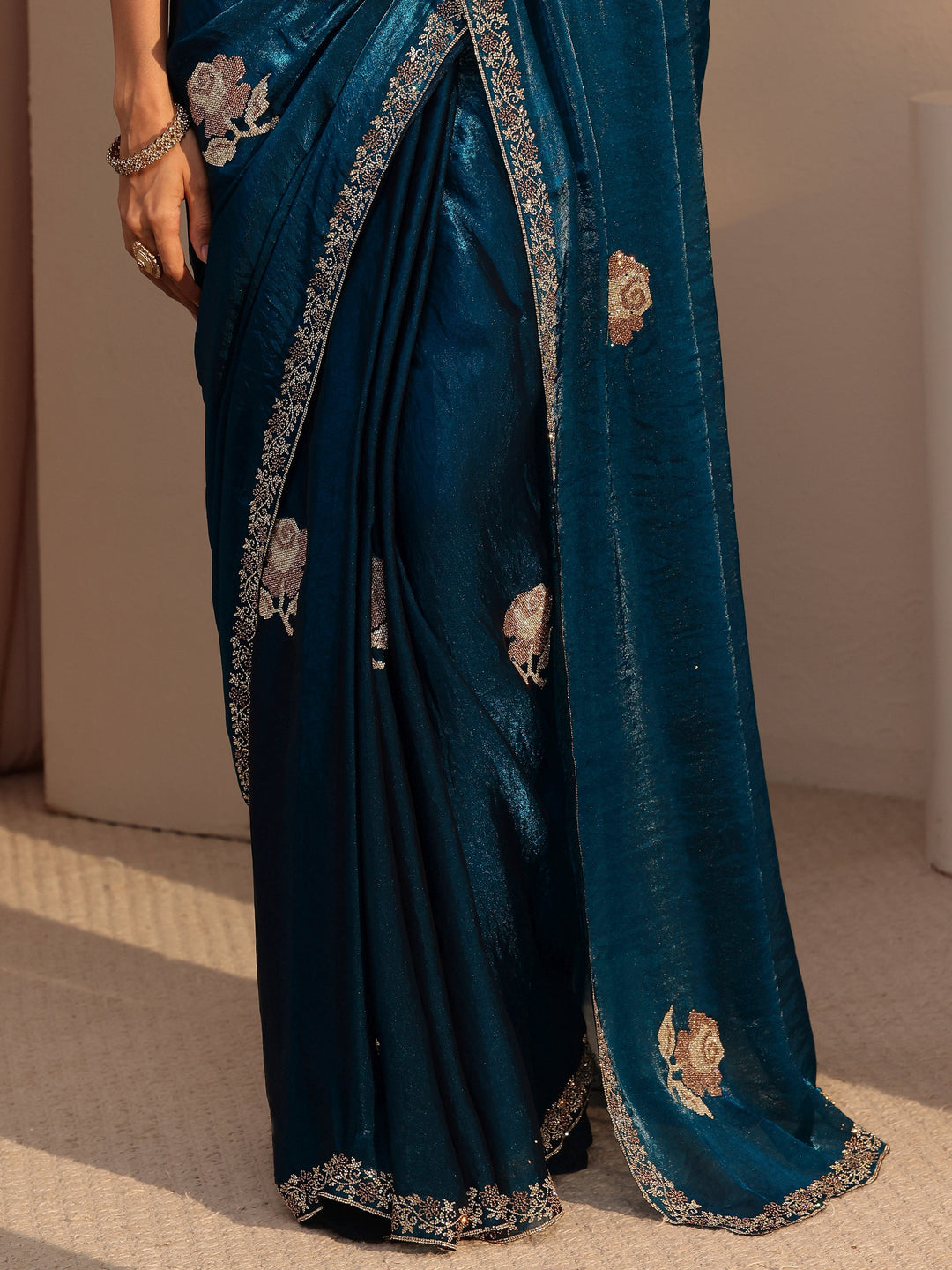  Peacock Blue Floral Embellished Tissue Saree 