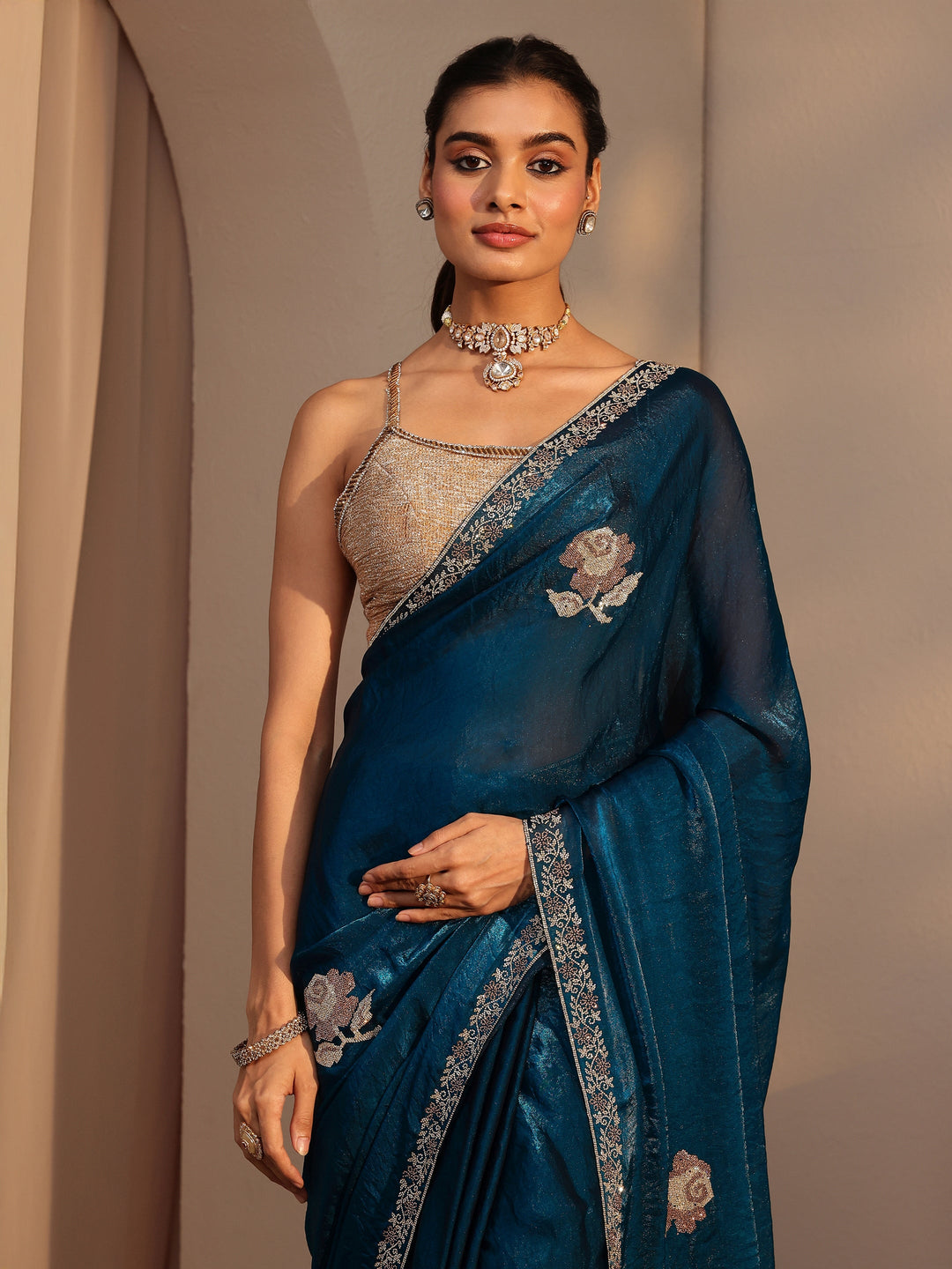  Peacock Blue Floral Embellished Tissue Saree 