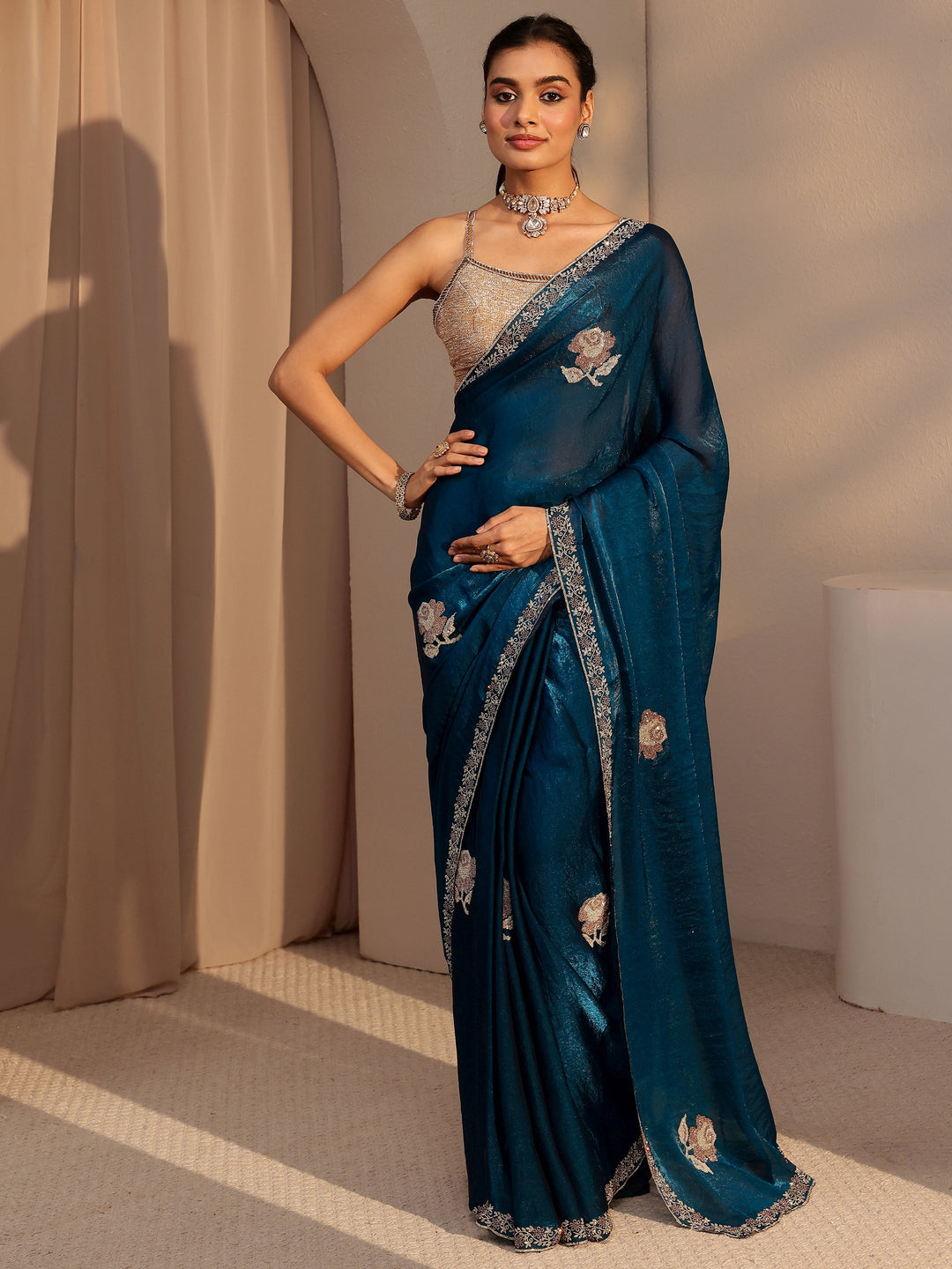  Peacock Blue Floral Embellished Tissue Saree 