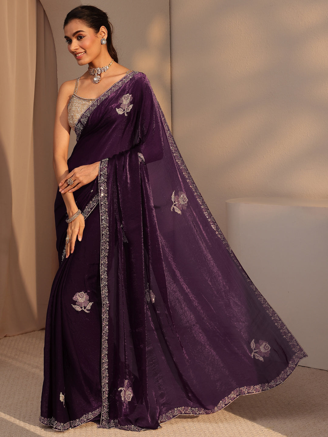  Burgundy Floral Embellished Tissue Saree 