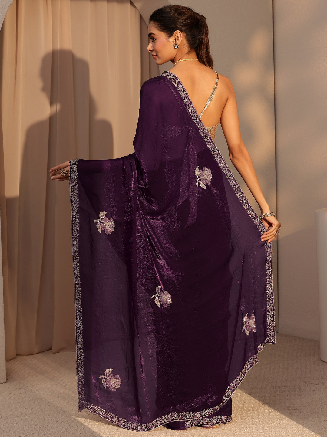  Burgundy Floral Embellished Tissue Saree 