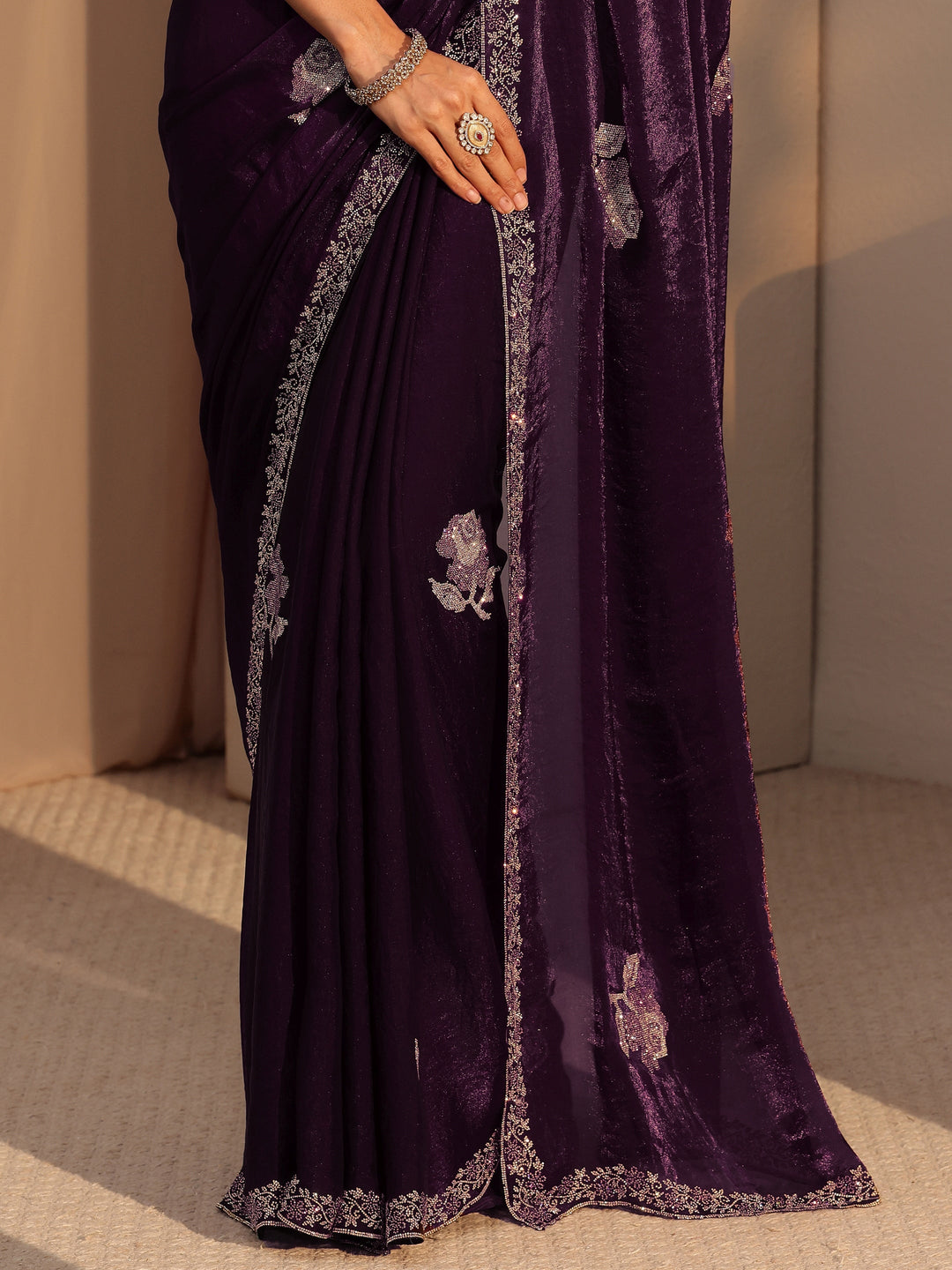  Burgundy Floral Embellished Tissue Saree 