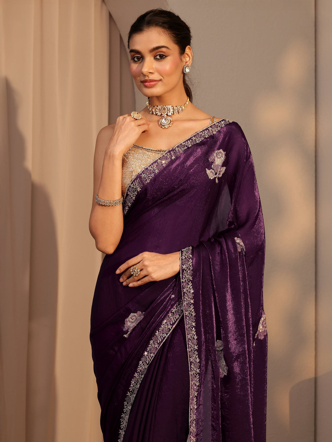  Burgundy Floral Embellished Tissue Saree 