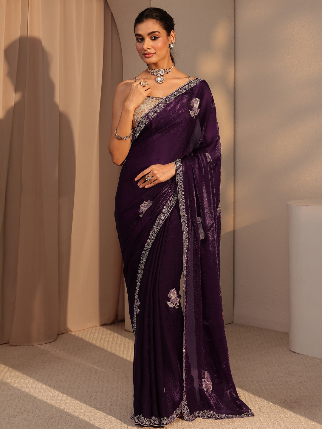  Burgundy Floral Embellished Tissue Saree 