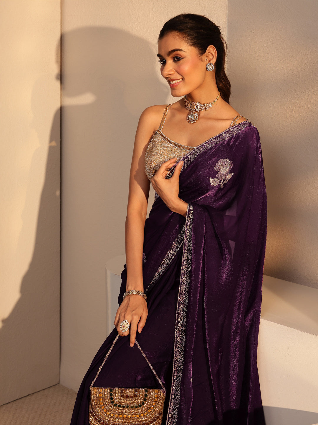  Burgundy Floral Embellished Tissue Saree 