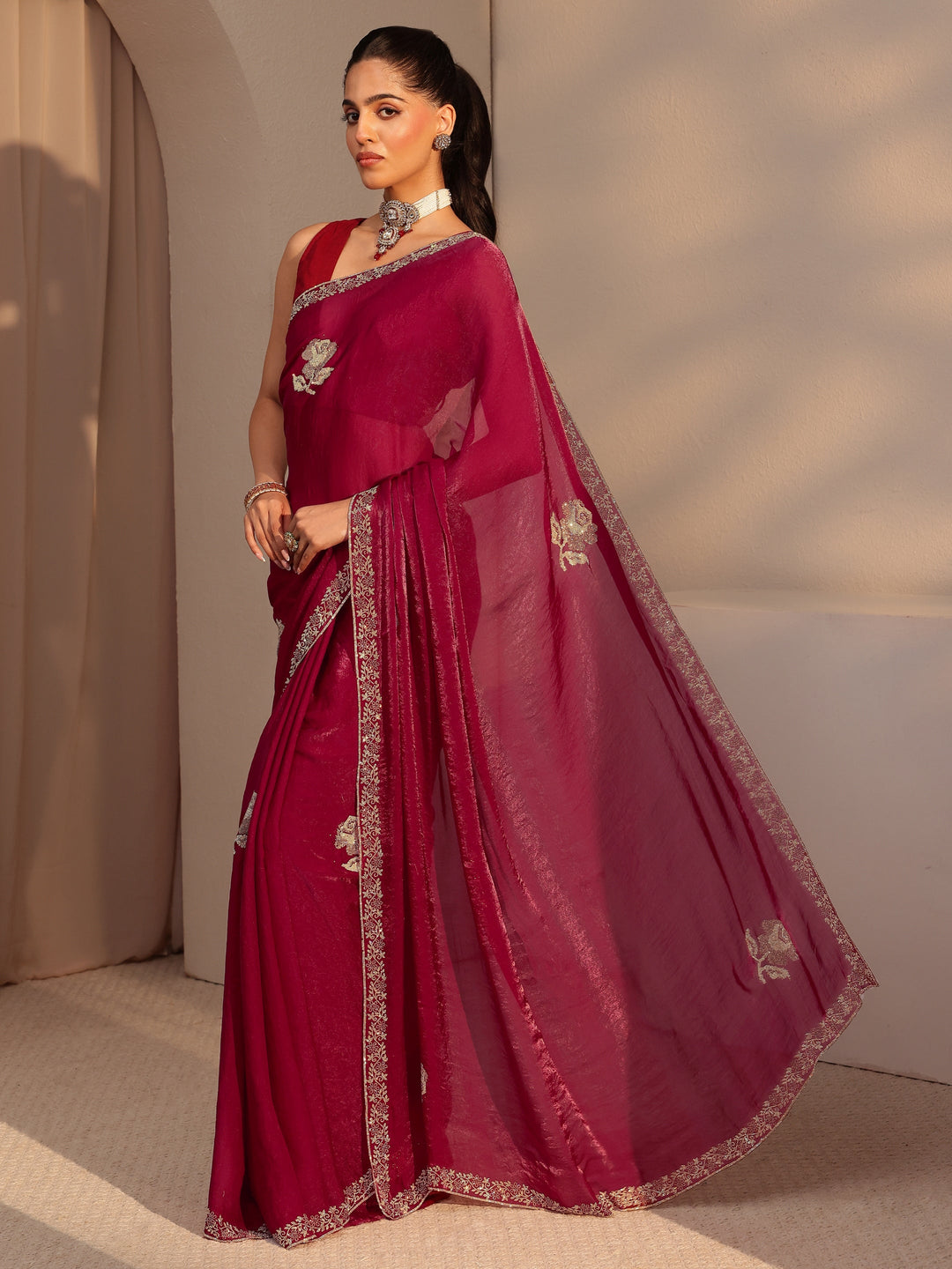  Red Floral Embellished Tissue Saree 