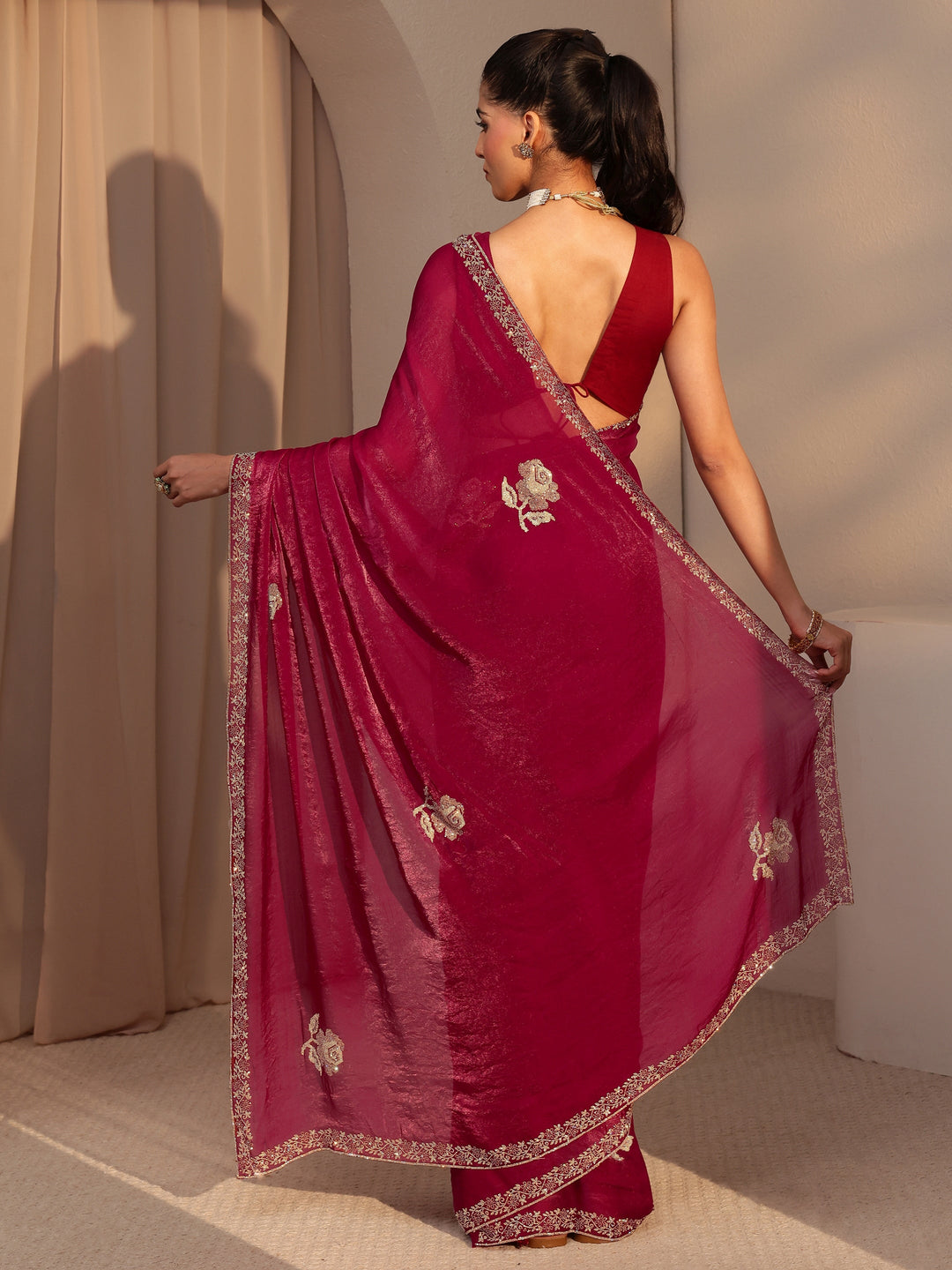  Red Floral Embellished Tissue Saree 