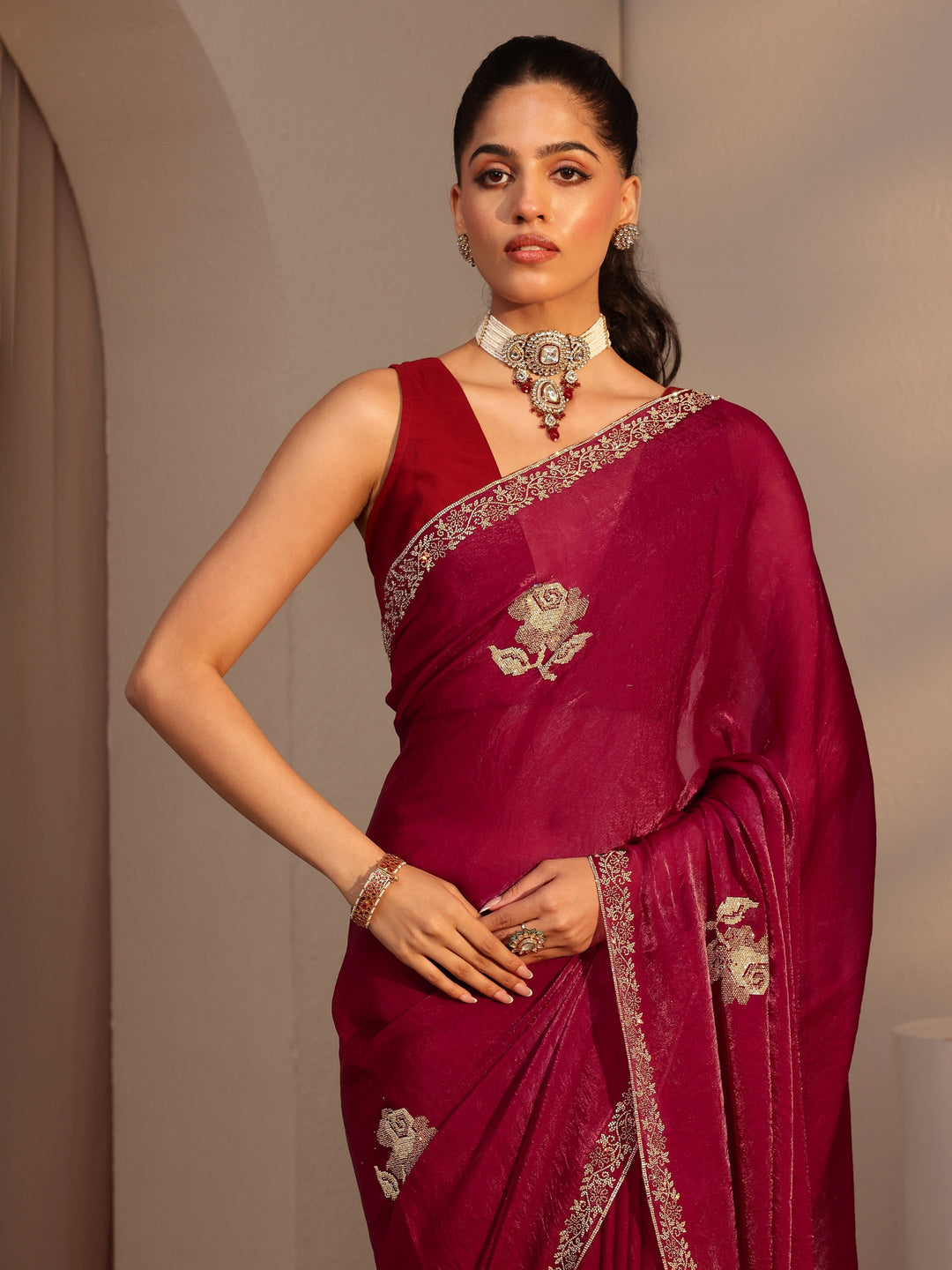  Red Floral Embellished Tissue Saree 