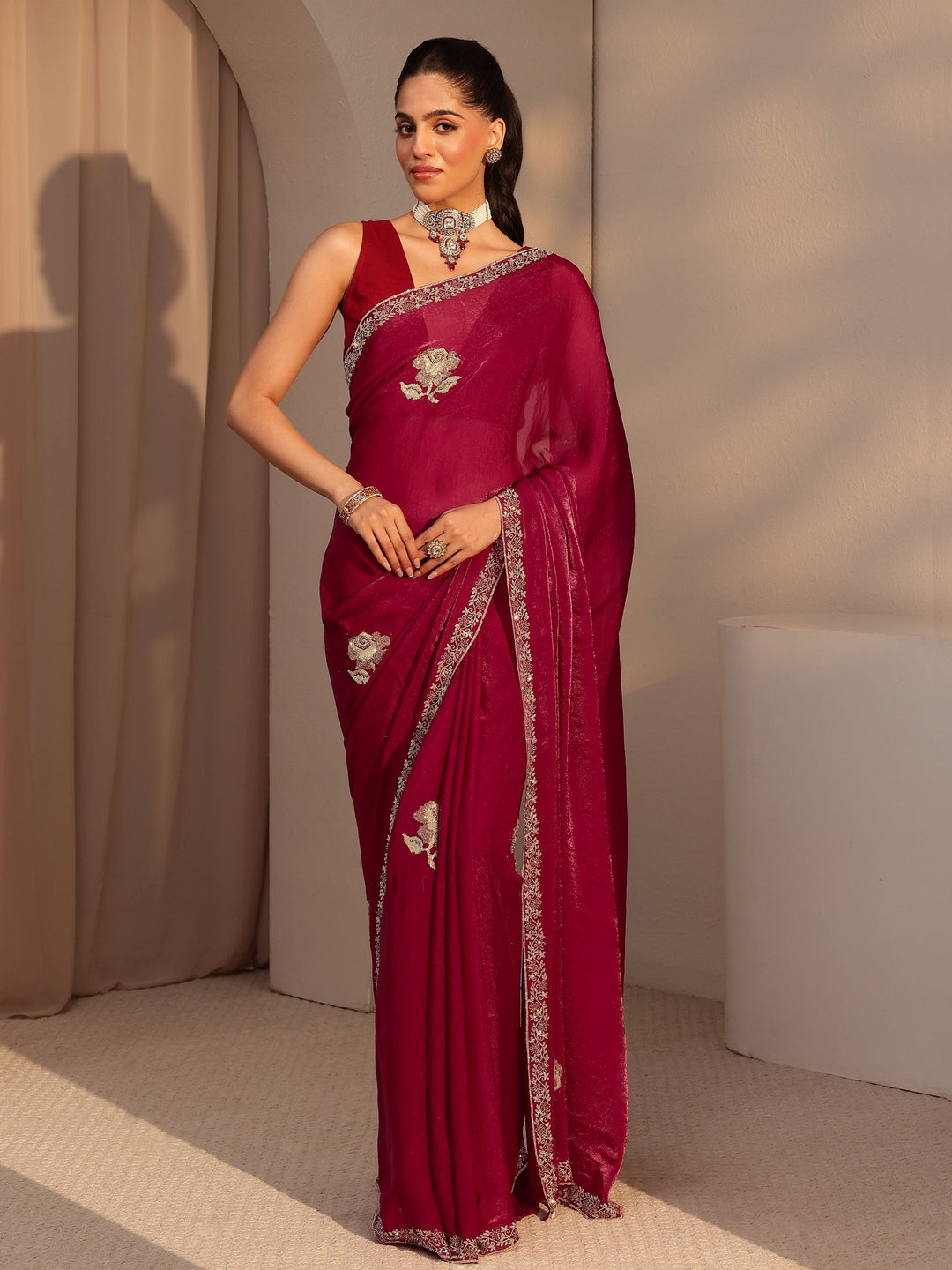  Red Floral Embellished Tissue Saree 
