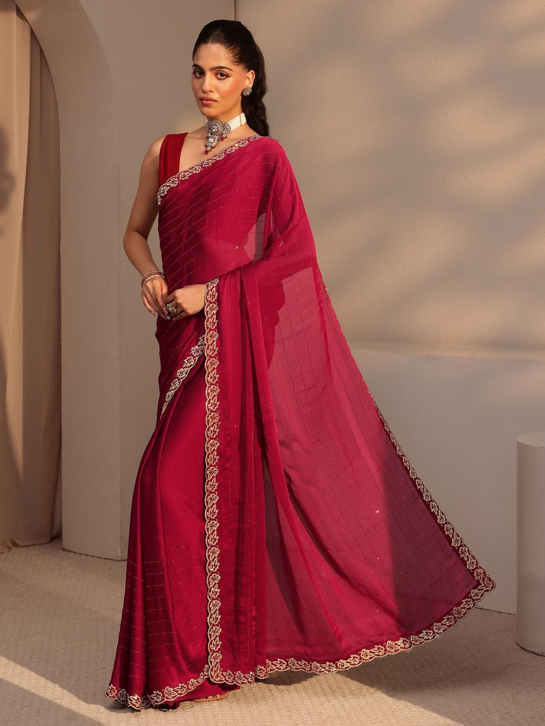  Vermillion Red Embellished Chiffon Saree 