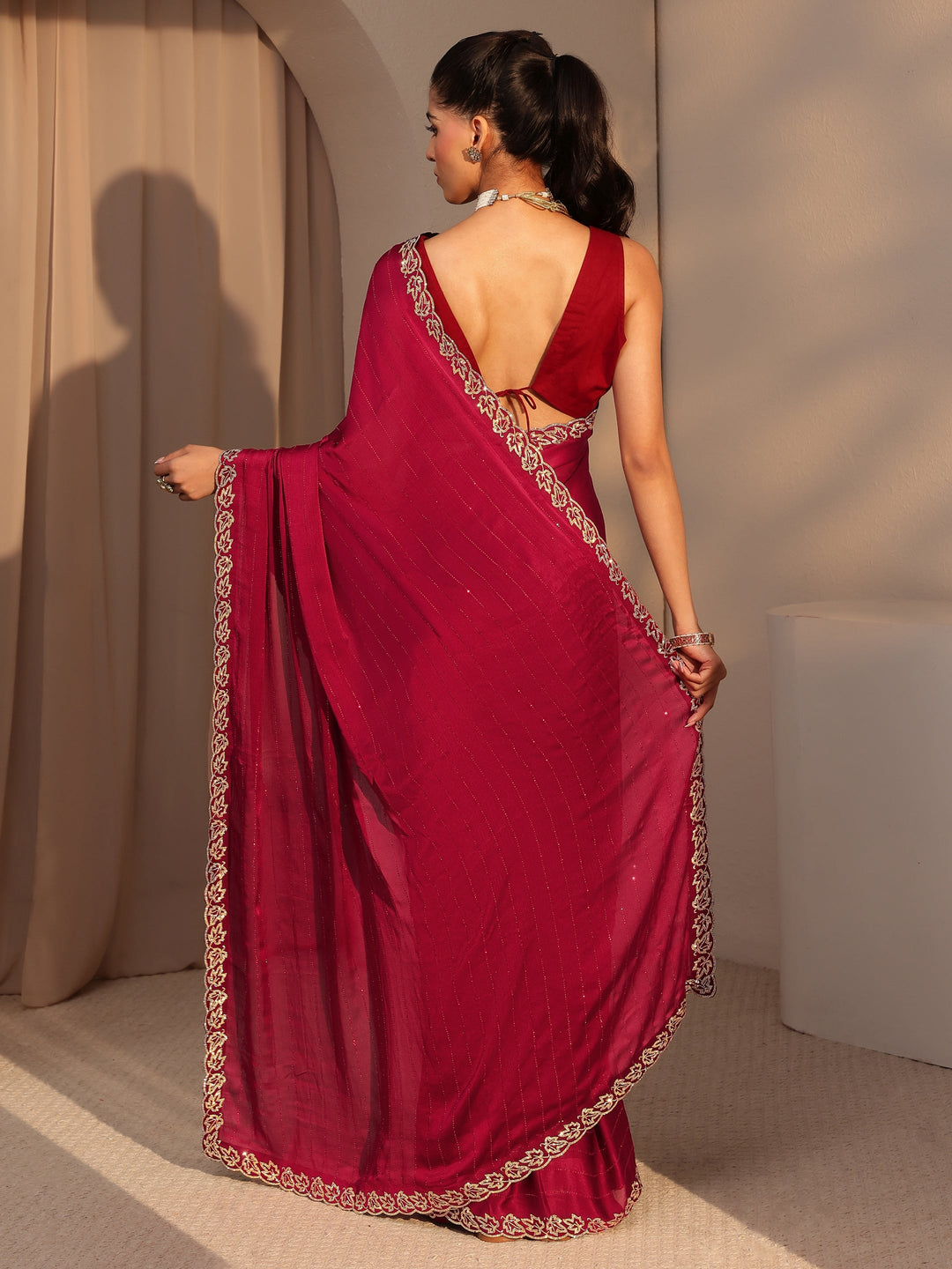  Vermillion Red Embellished Chiffon Saree 