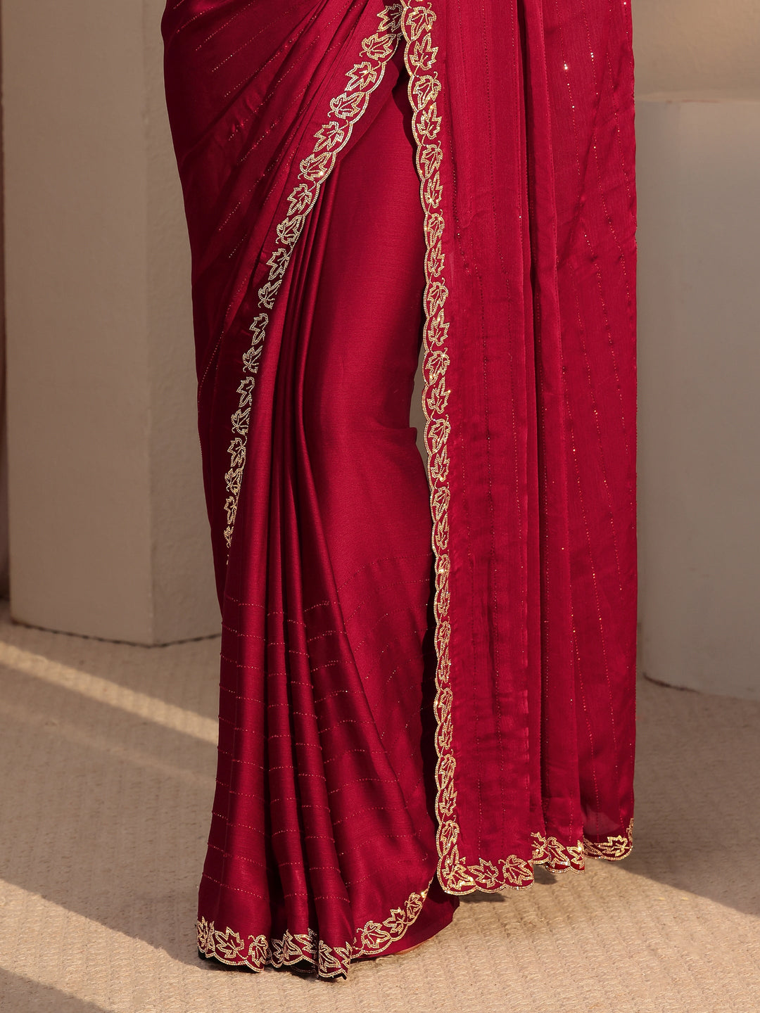  Vermillion Red Embellished Chiffon Saree 