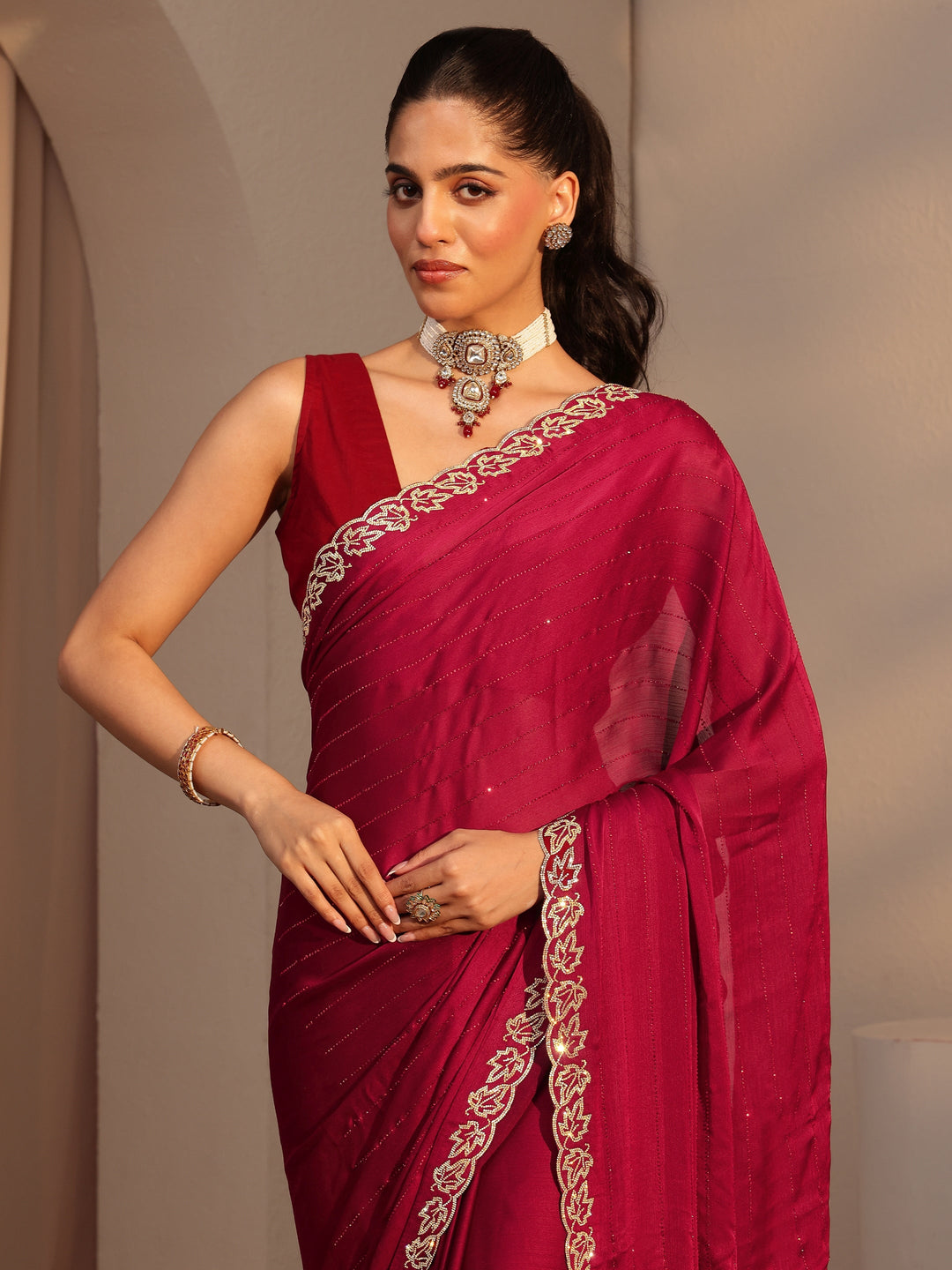  Vermillion Red Embellished Chiffon Saree 