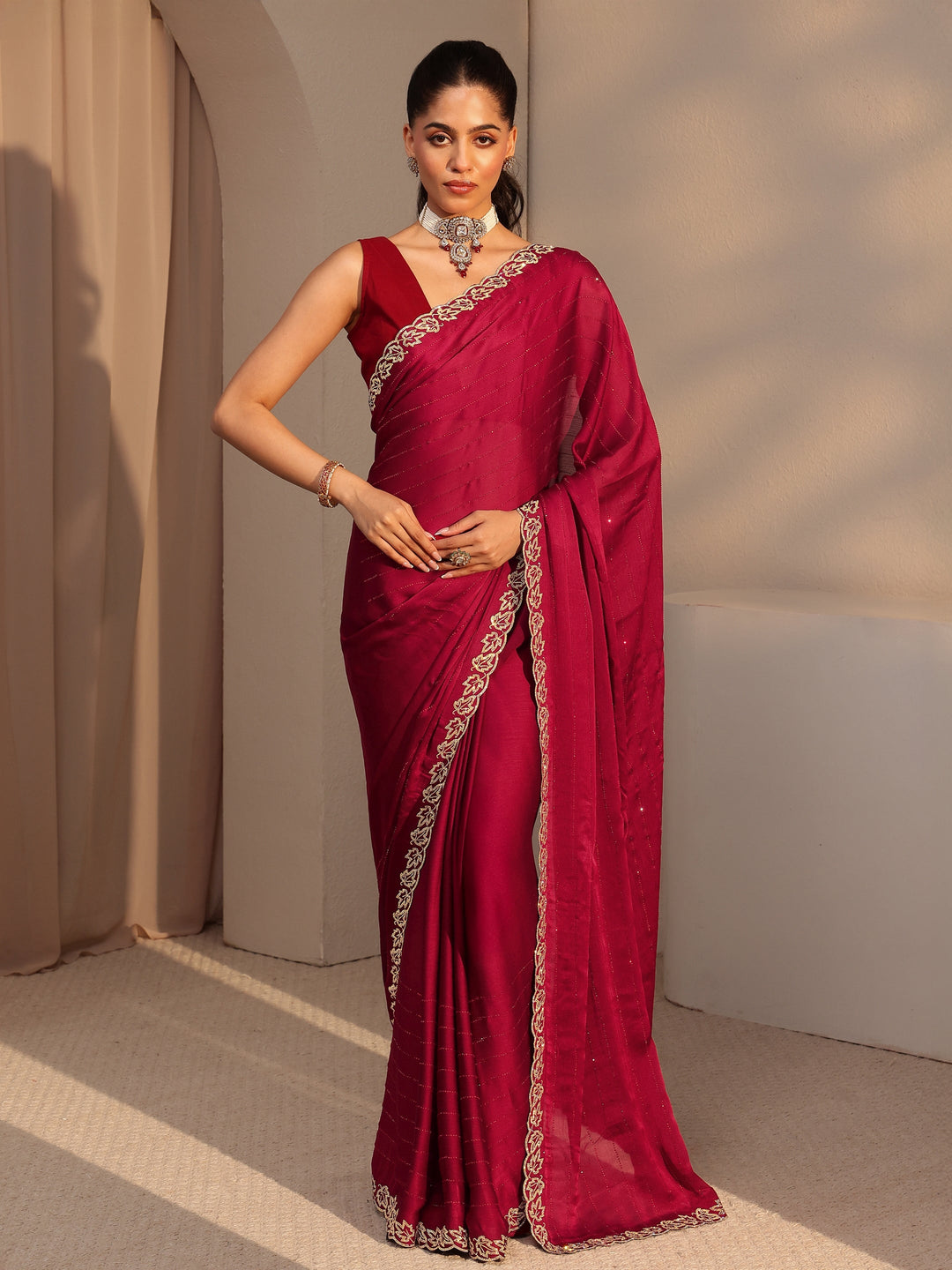  Vermillion Red Embellished Chiffon Saree 