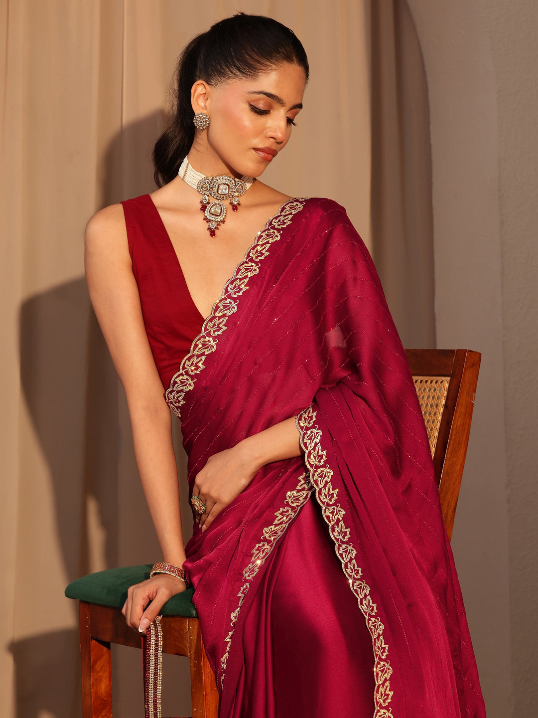  Vermillion Red Embellished Chiffon Saree 