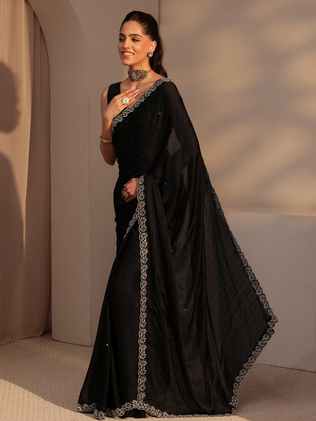  Black Embellished Chiffon Saree 