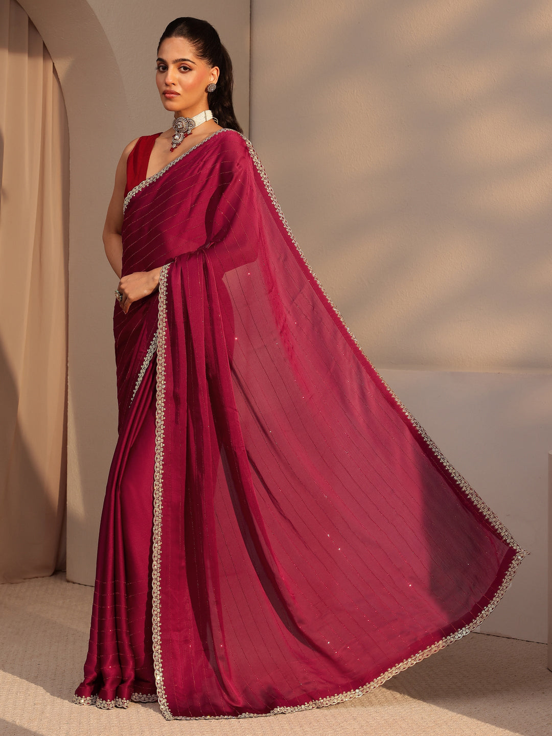  Red Embellished Chiffon Saree 