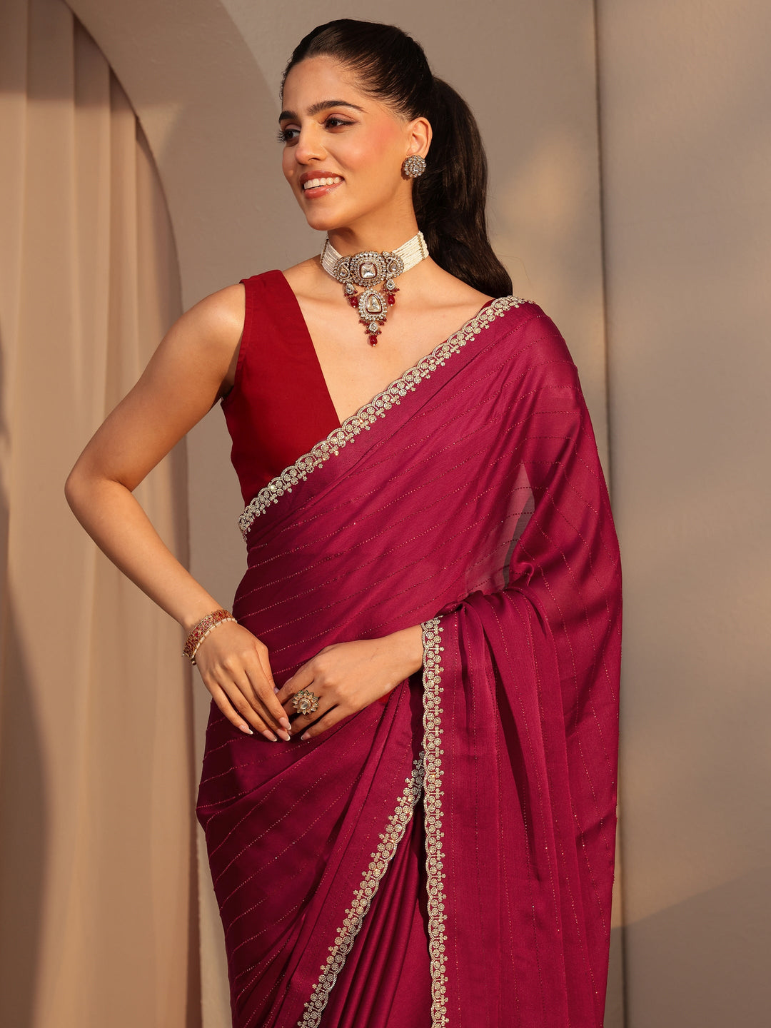  Red Embellished Chiffon Saree 
