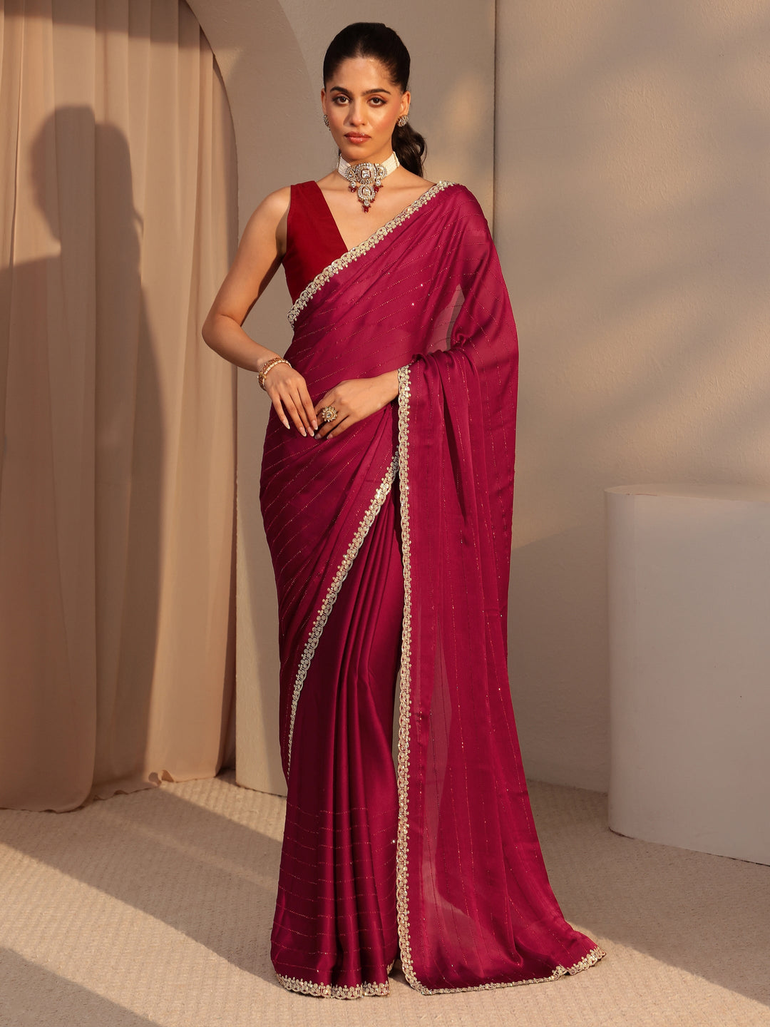 Red Embellished Chiffon Saree 