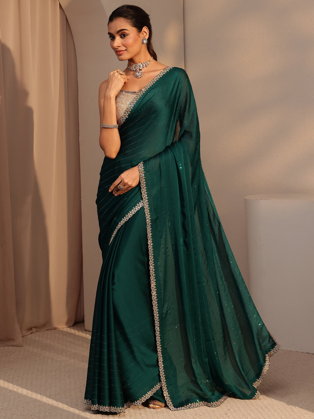  Bottle Green Embellished Chiffon Saree 