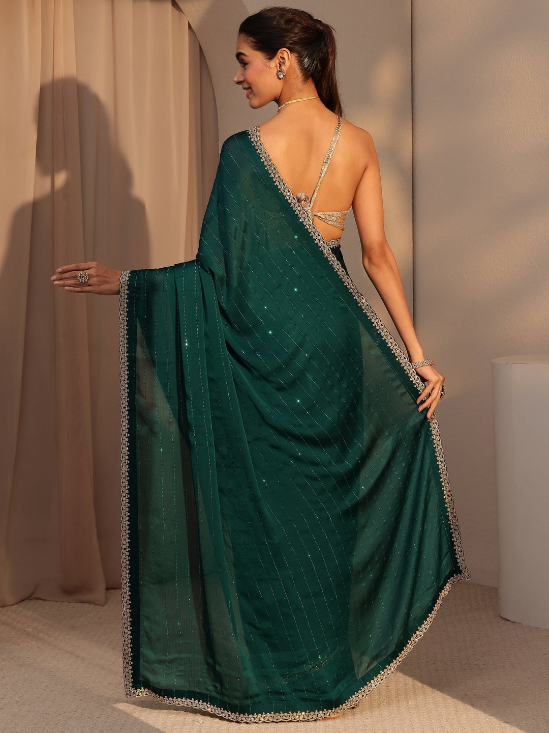  Bottle Green Embellished Chiffon Saree 