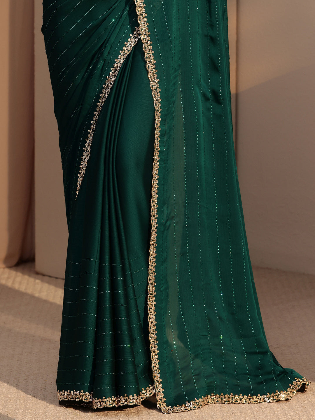  Bottle Green Embellished Chiffon Saree 