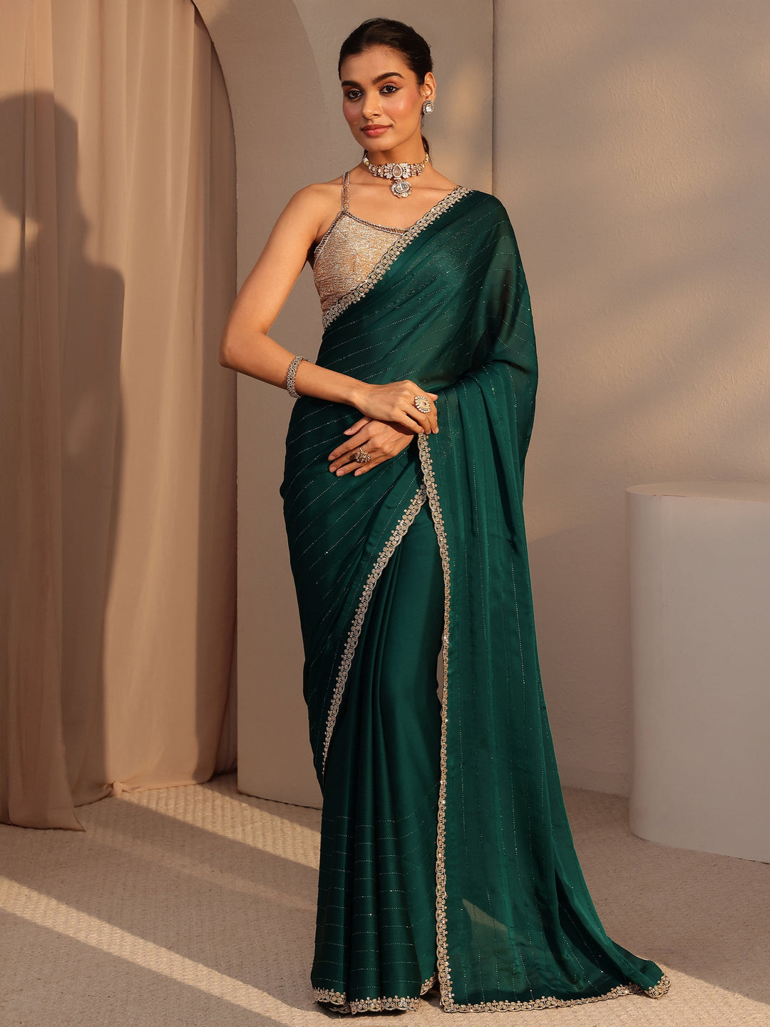  Bottle Green Embellished Chiffon Saree 