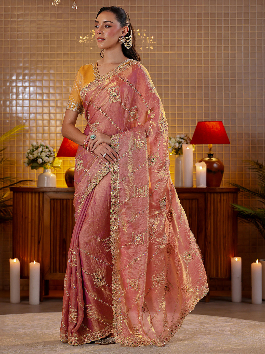  Libas Peach Ethnic Motif Embroidered Tissue Saree 