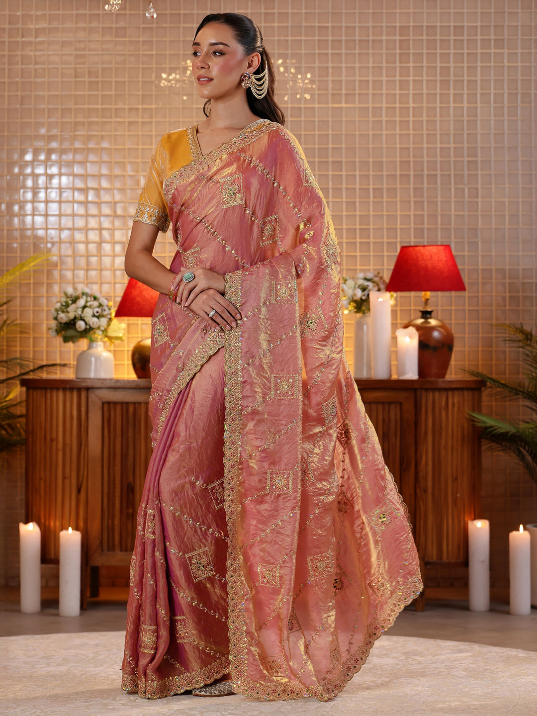 Peach Ethnic Motif Embroidered Tissue Saree 