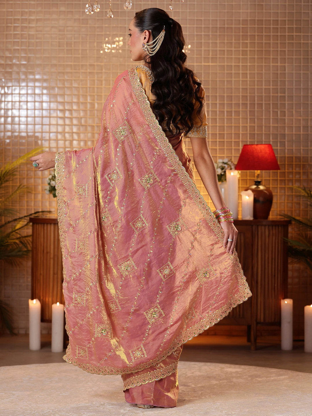  Peach Ethnic Motif Embroidered Tissue Saree 
