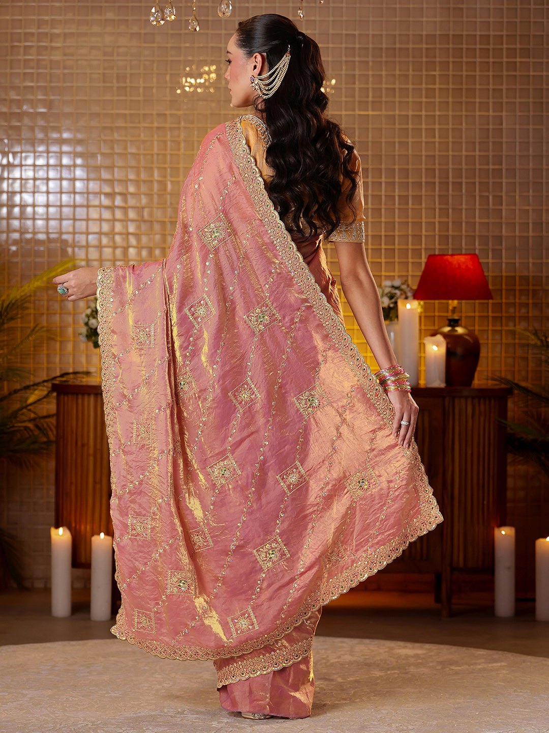  Libas Peach Ethnic Motif Embroidered Tissue Saree 