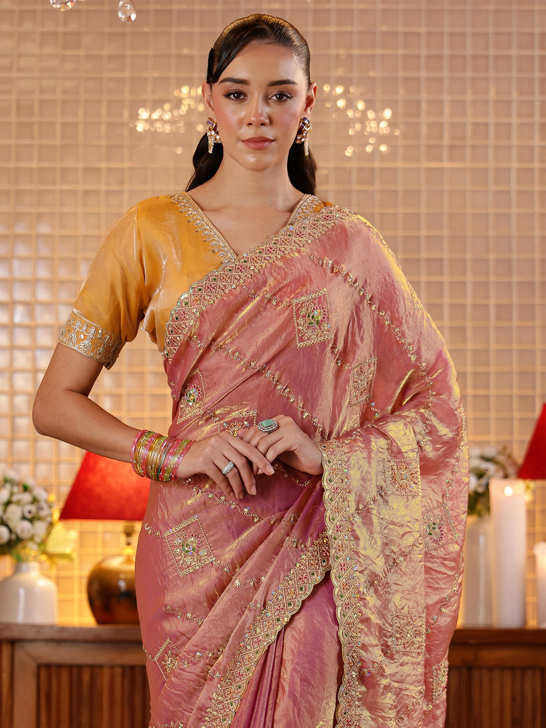 Peach Ethnic Motif Embroidered Tissue Saree 