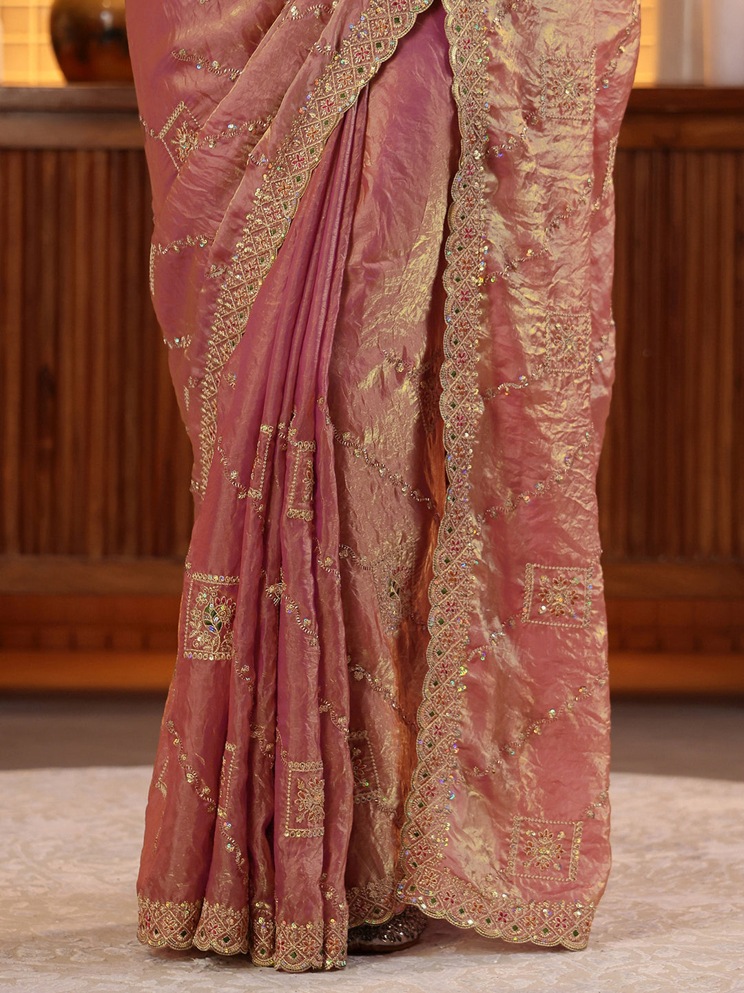  Peach Ethnic Motif Embroidered Tissue Saree 