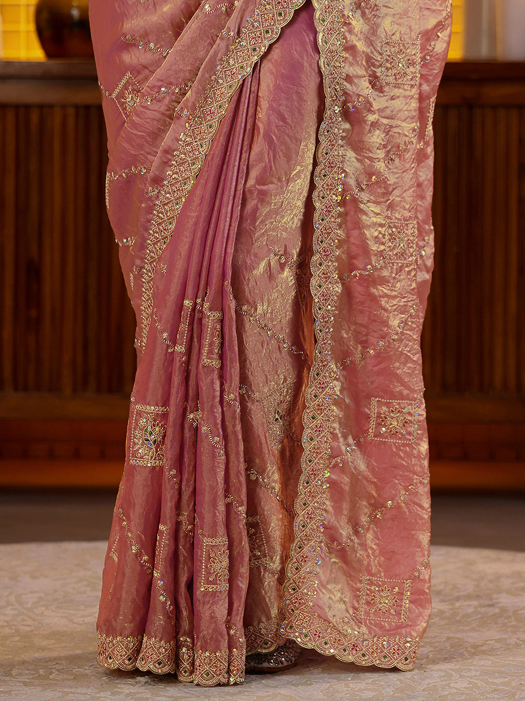  Libas Peach Ethnic Motif Embroidered Tissue Saree 