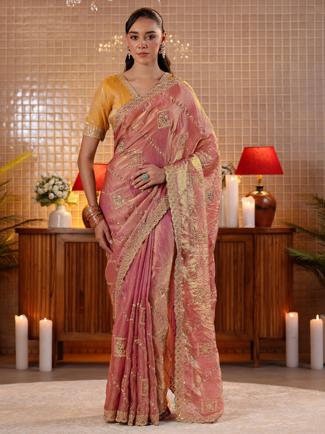  Peach Ethnic Motif Embroidered Tissue Saree 
