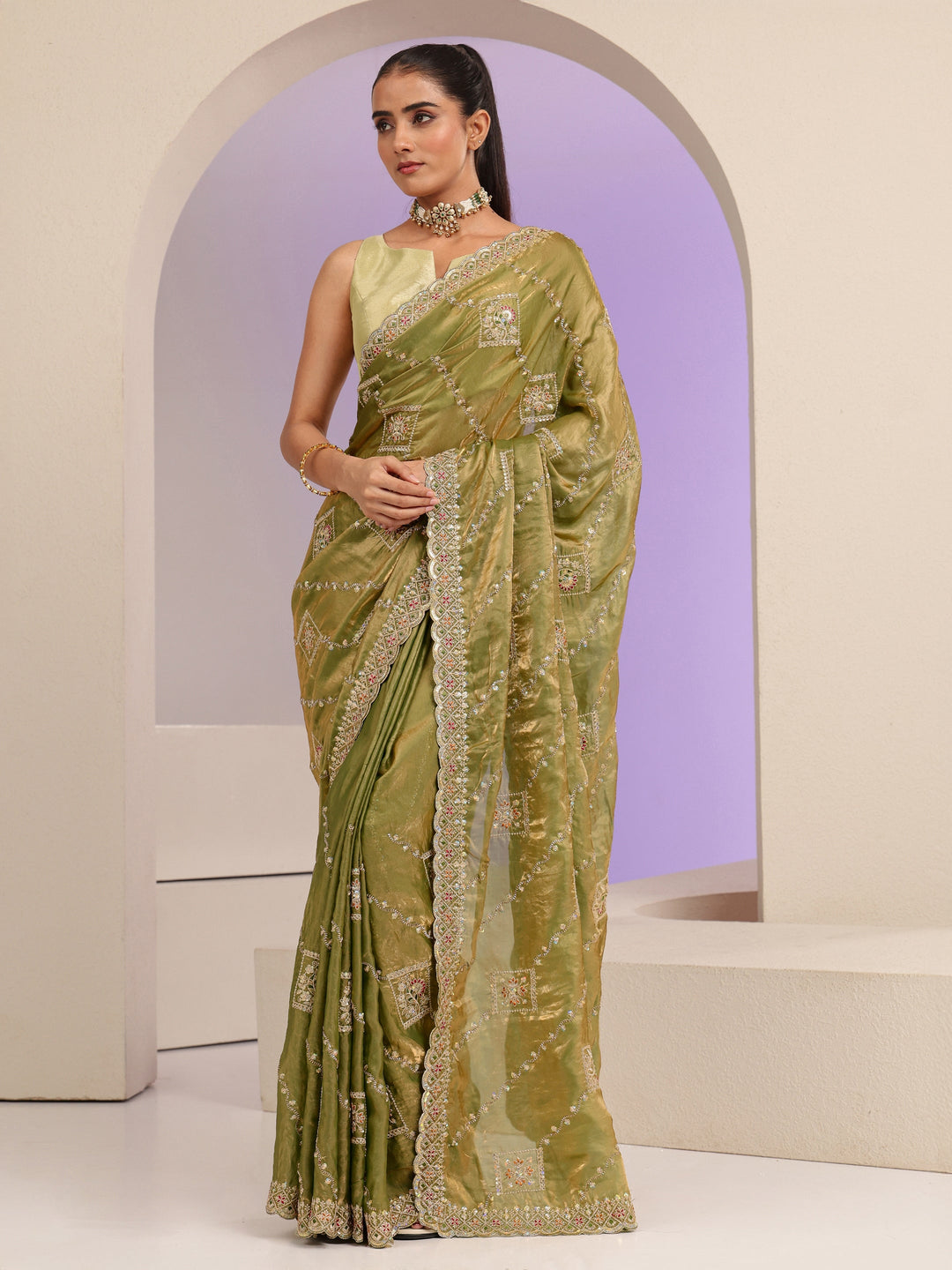  Olive Green Ethnic Embroidered Tissue Saree 