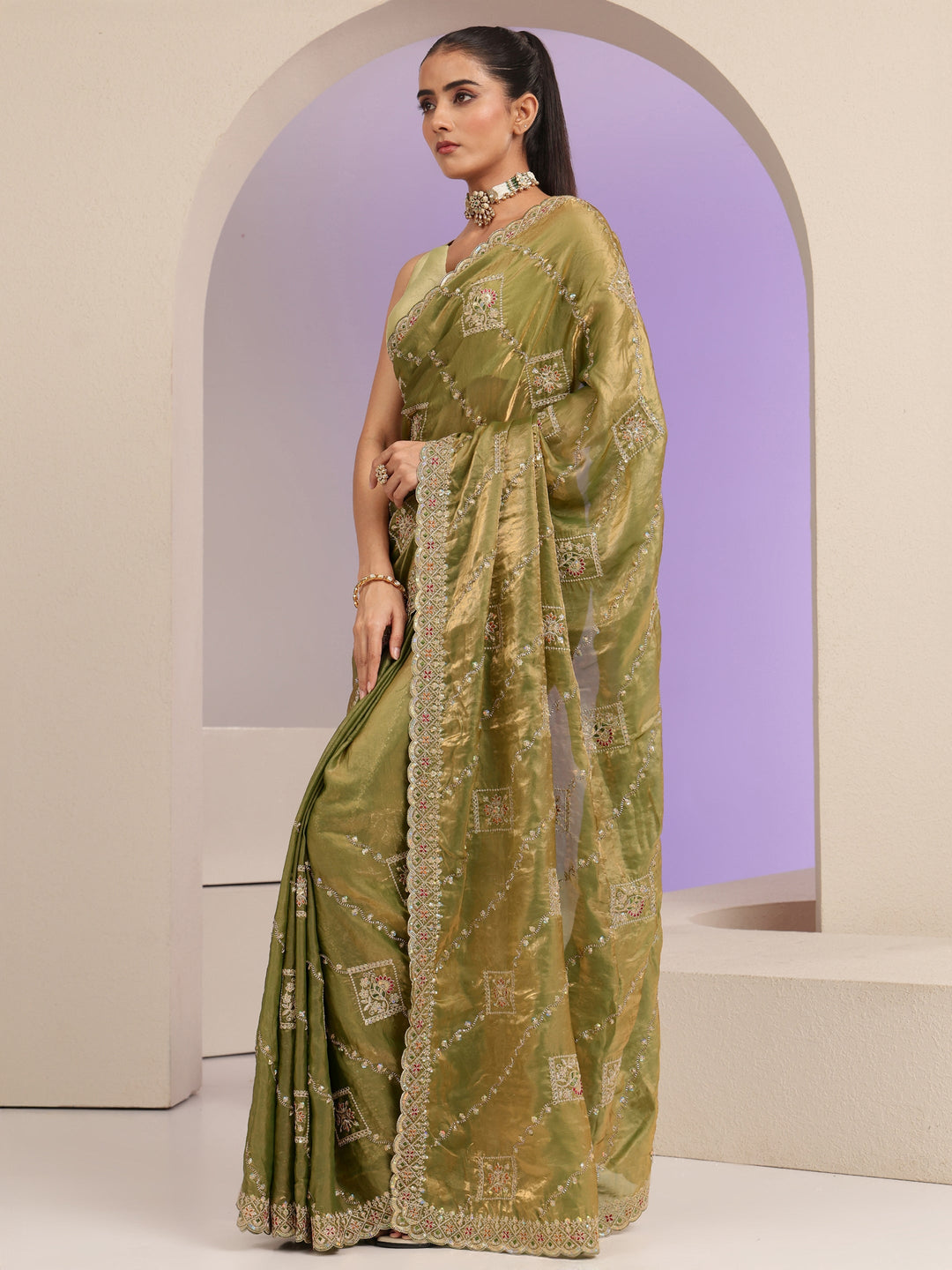  Olive Green Ethnic Embroidered Tissue Saree 