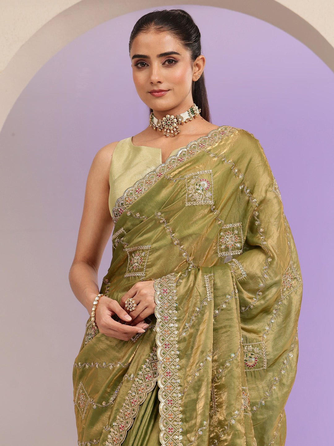  Olive Green Ethnic Embroidered Tissue Saree 