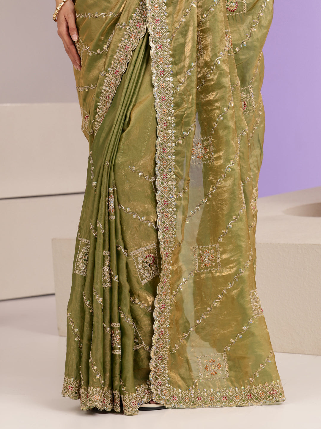 Olive Green Ethnic Embroidered Tissue Saree 