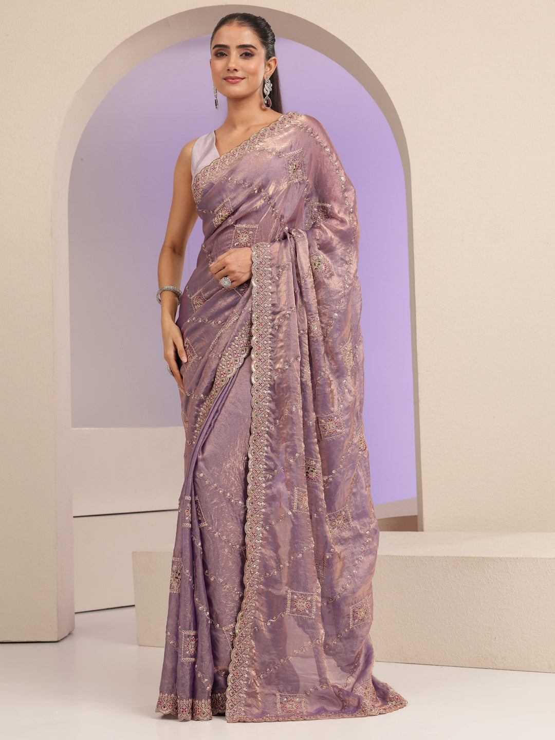  Lavender Ethnic Embroidered Tissue Saree 