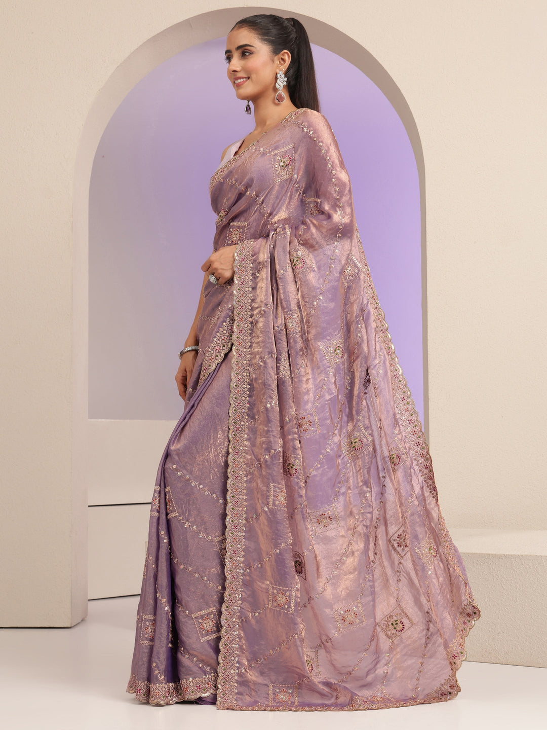  Lavender Ethnic Embroidered Tissue Saree 