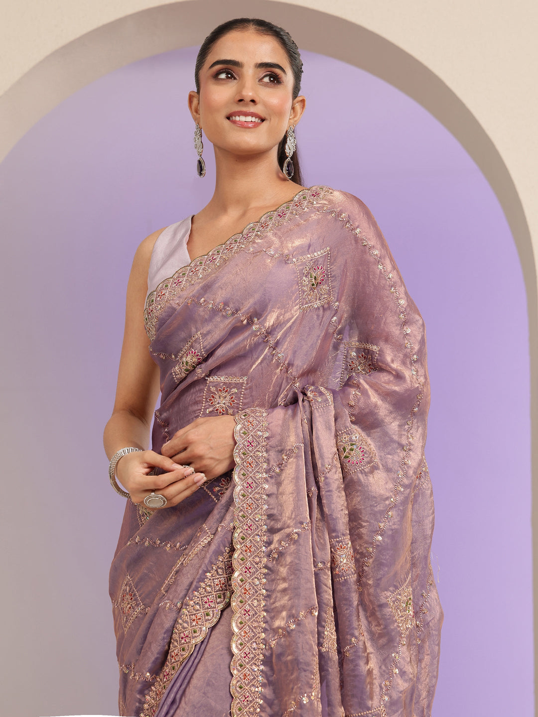  Lavender Ethnic Embroidered Tissue Saree 