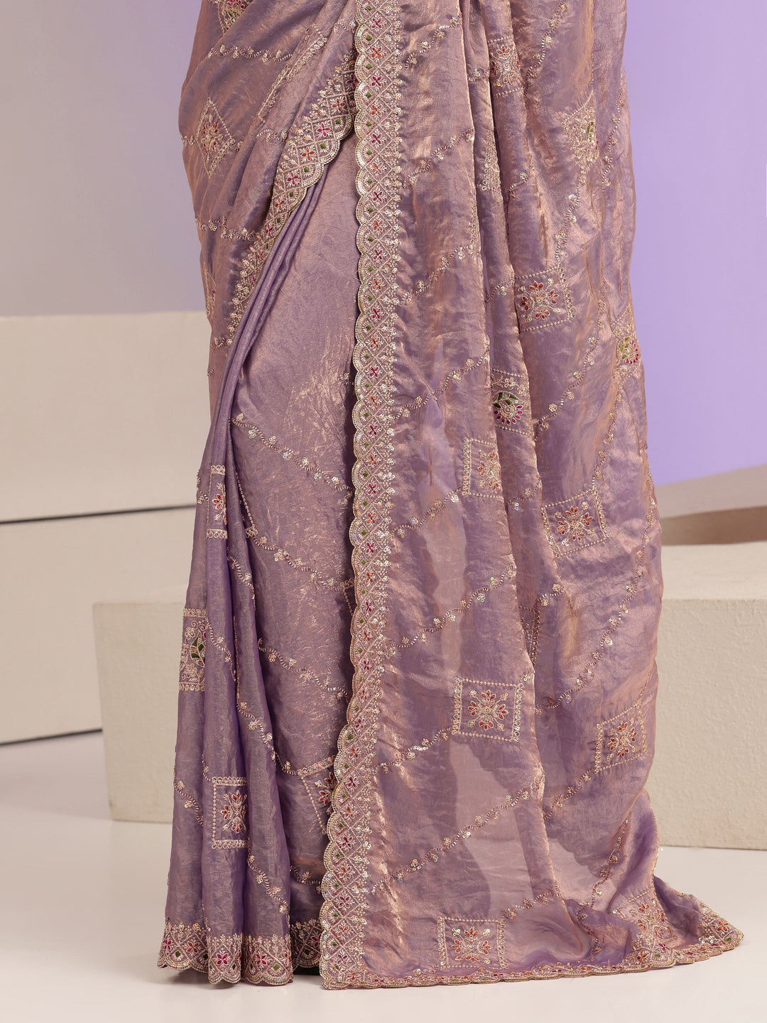  Lavender Ethnic Embroidered Tissue Saree 