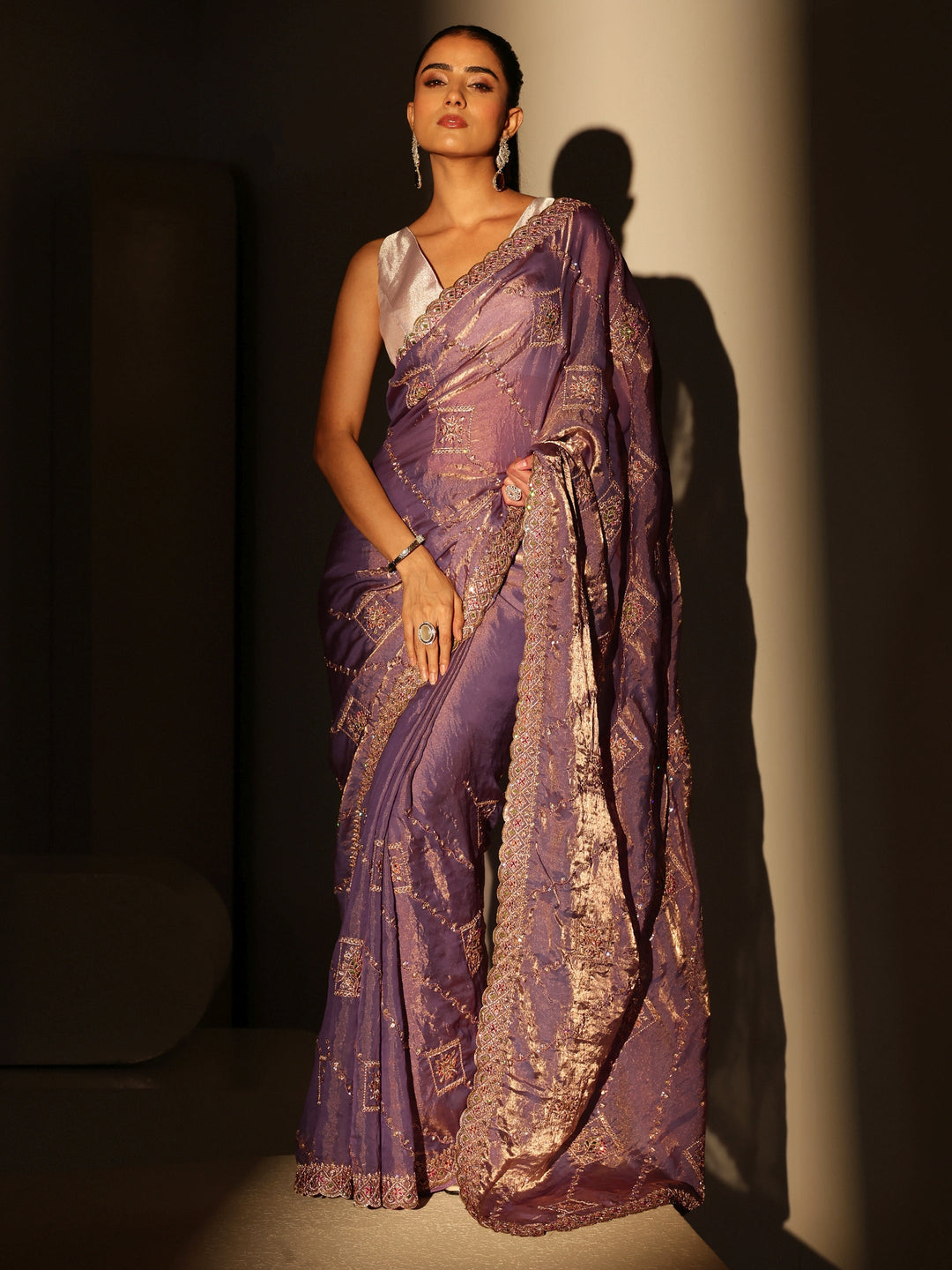  Lavender Ethnic Embroidered Tissue Saree 