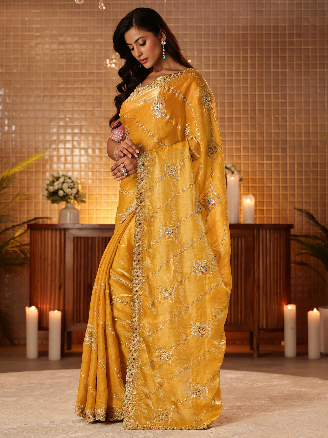  Mustard Ethnic Motif Embroidered Tissue Saree 