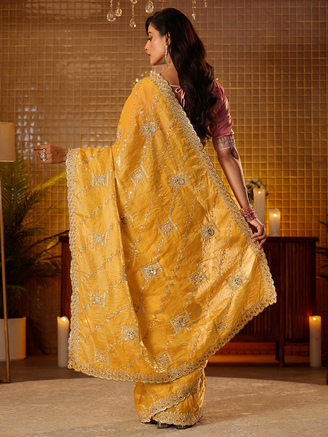  Libas Mustard Ethnic Motif Embroidered Tissue Saree 
