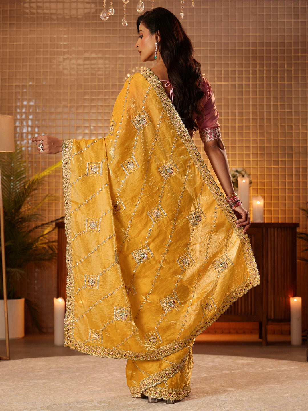  Mustard Ethnic Motif Embroidered Tissue Saree 